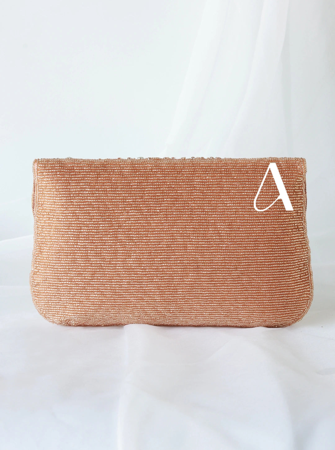 Brown textured clutch bag with a white letter 'A' on a white background