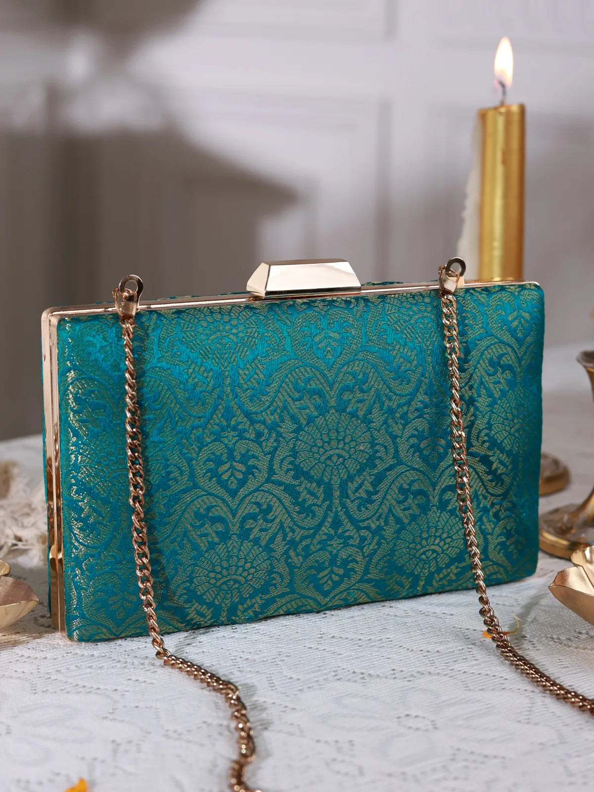Mayurika Brocade Teal Clutch