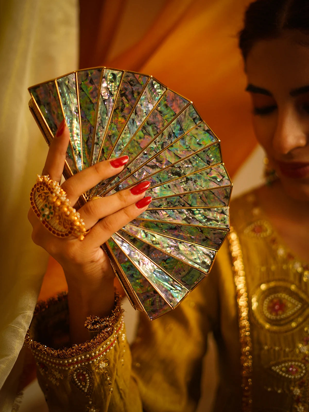 Morni Mother of Pearl Brass Clutch