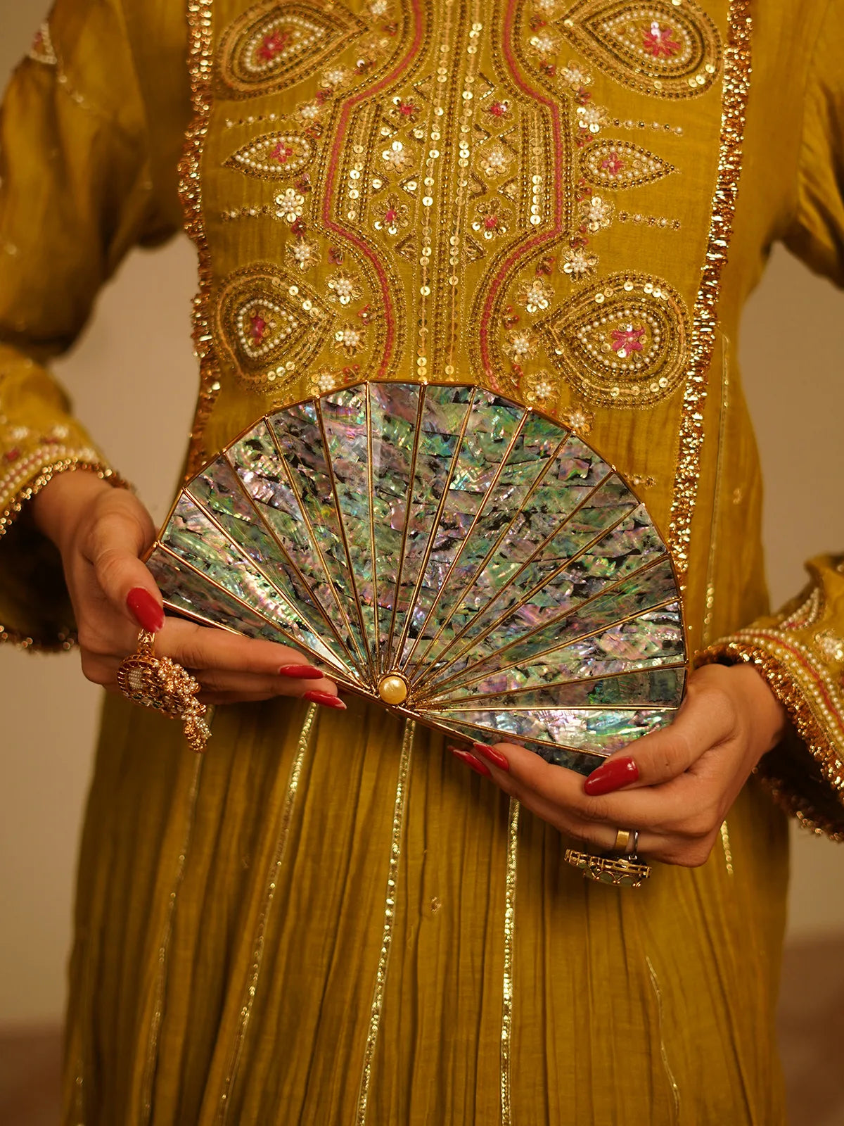 Morni Mother of Pearl Brass Clutch