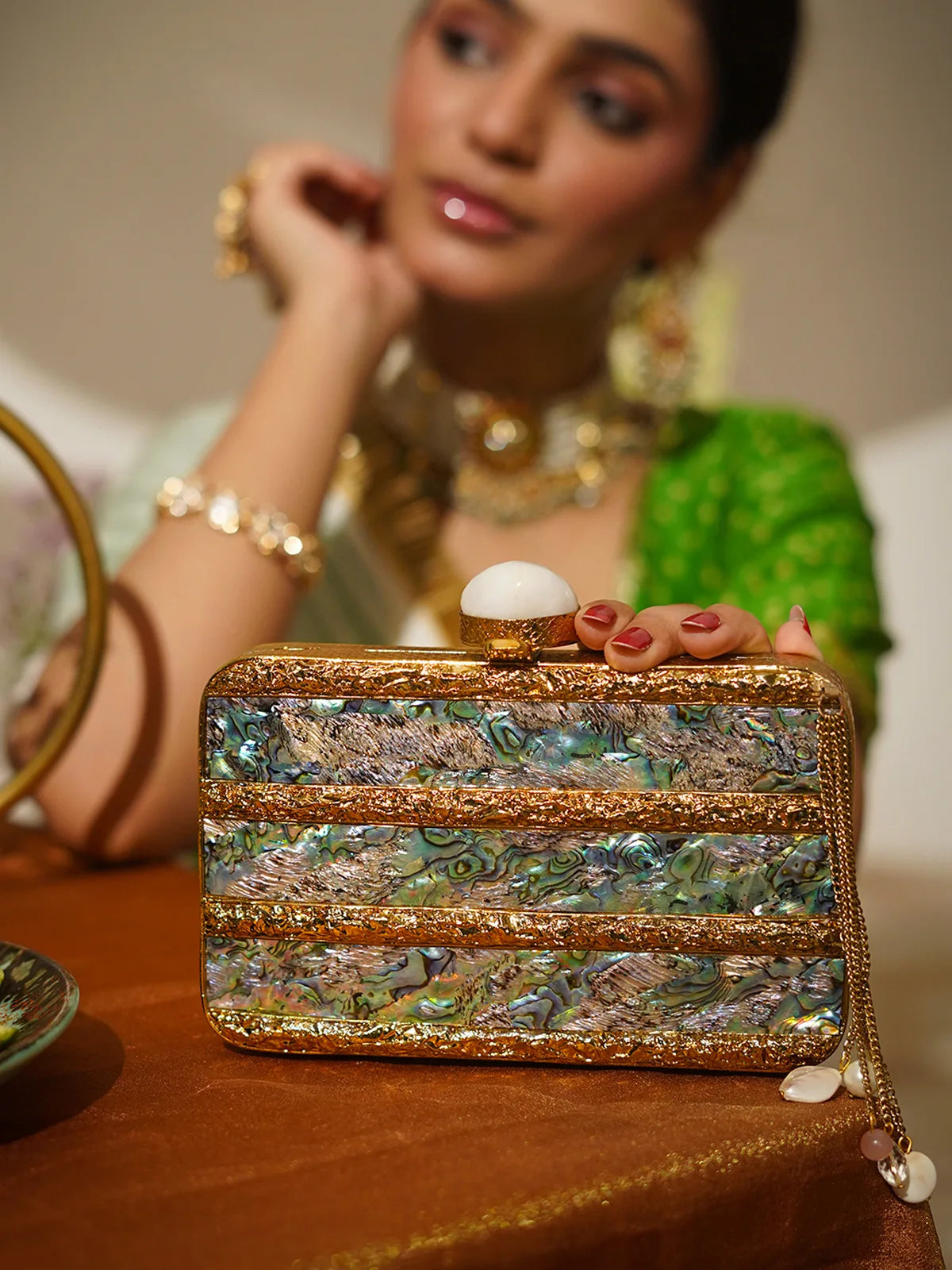 Neelambari Mother of Pearl Brass Clutch