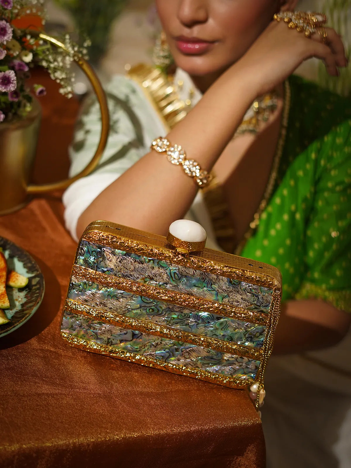 Neelambari Mother of Pearl Brass Clutch