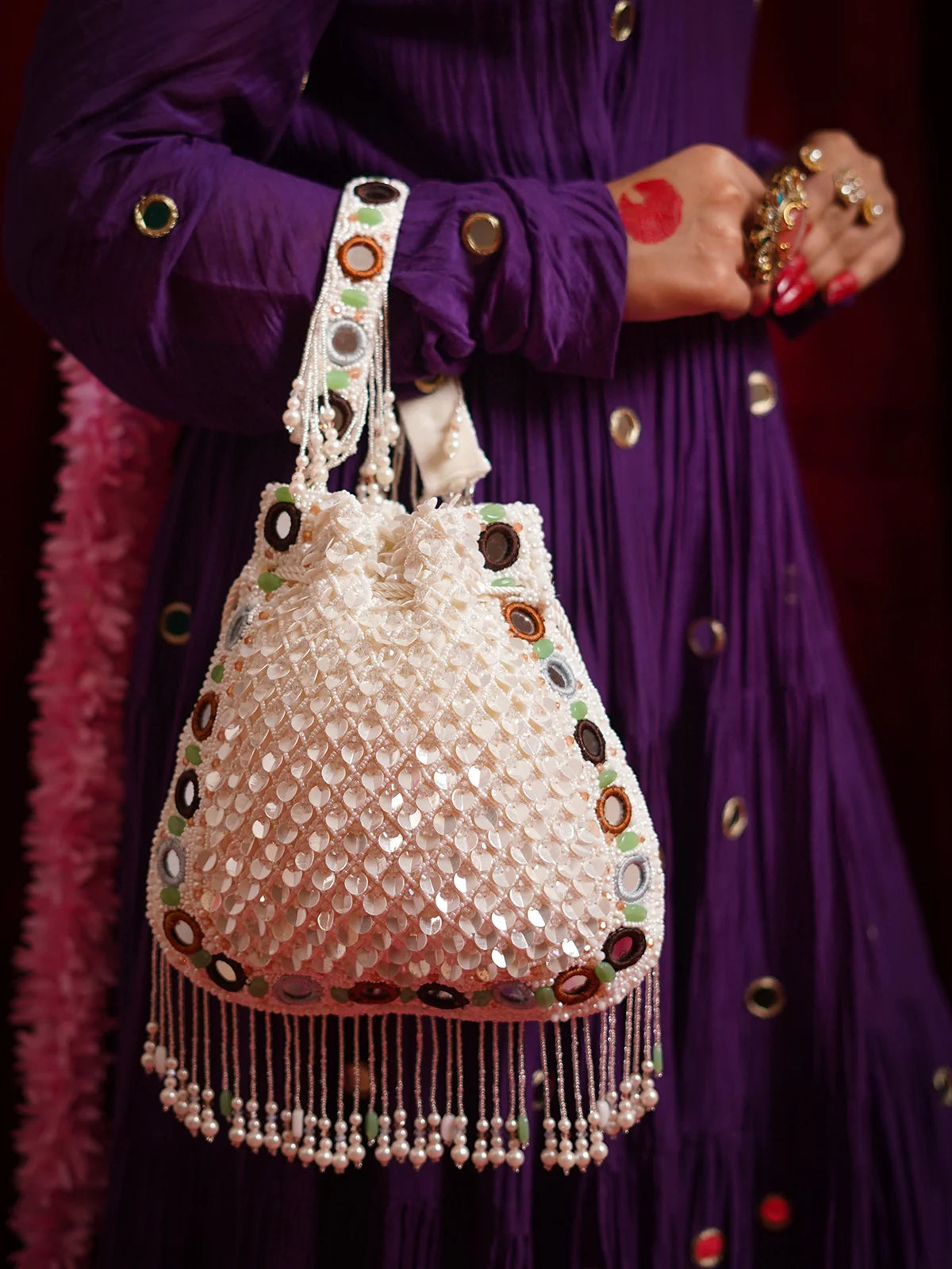 Noorika White Mirror Potli Bag