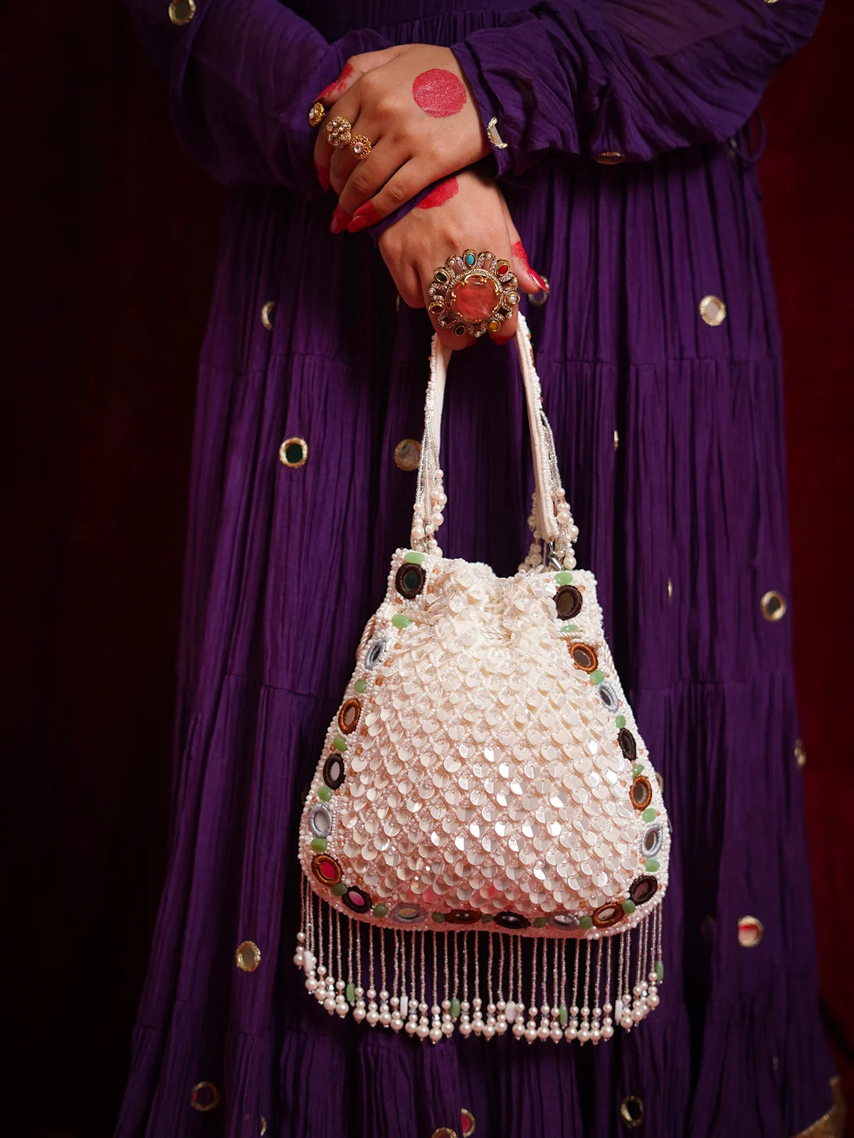 Noorika White Mirror Potli Bag