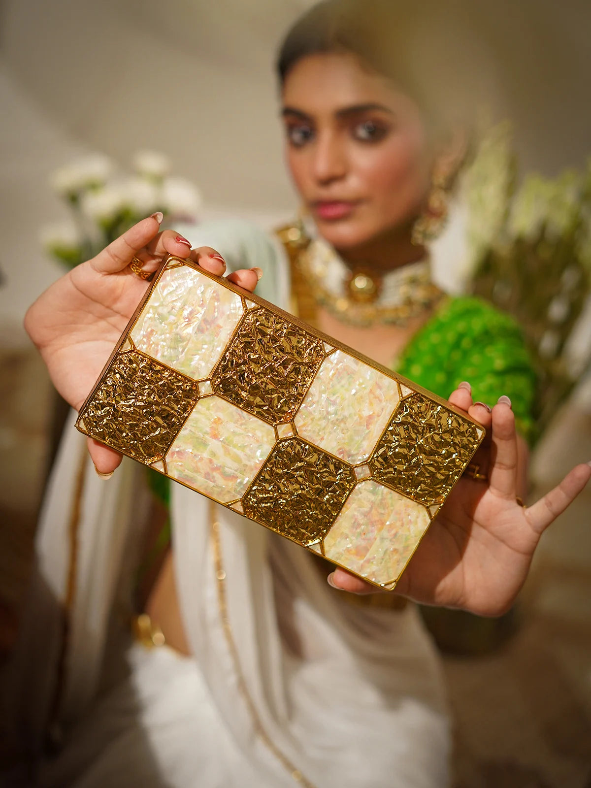 Rajnandini Mother of Pearl Brass Clutch