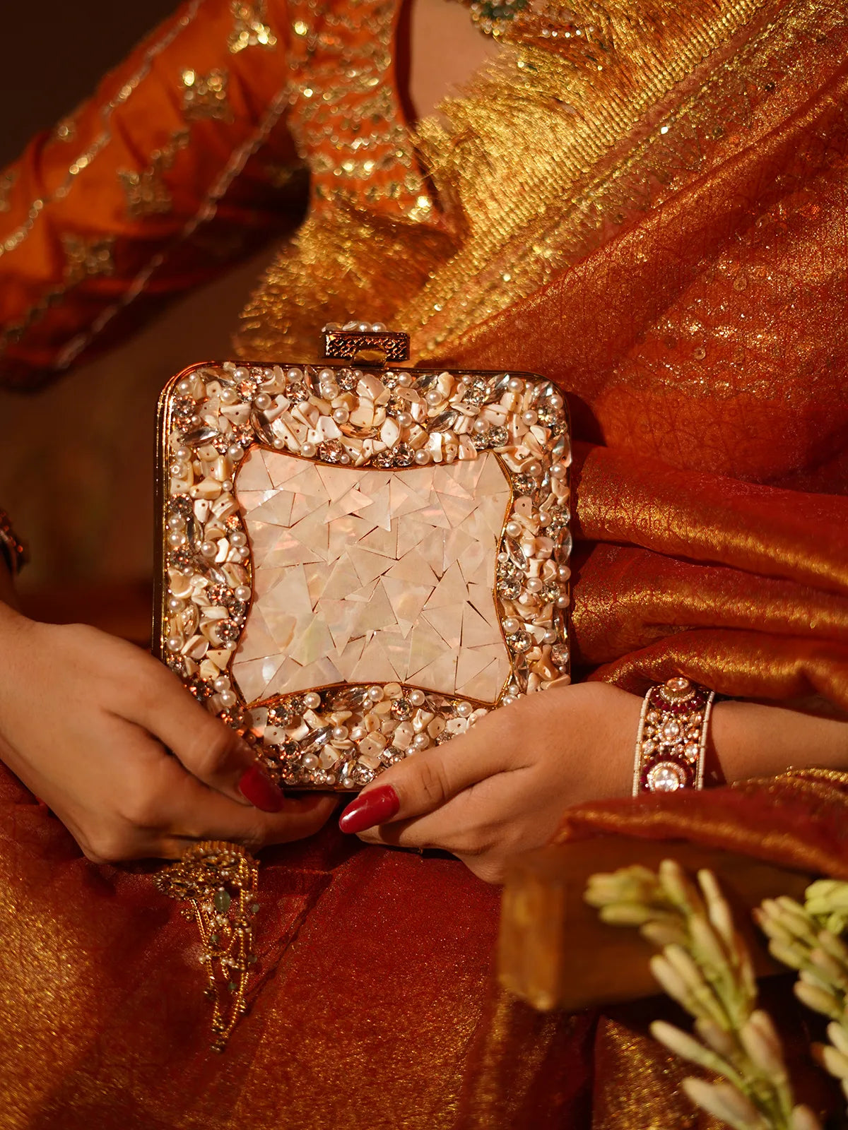Rajkumari Mother of Pearl Brass Clutch