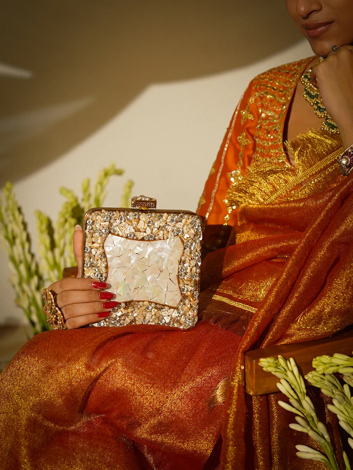 Rajkumari Mother of Pearl Brass Clutch