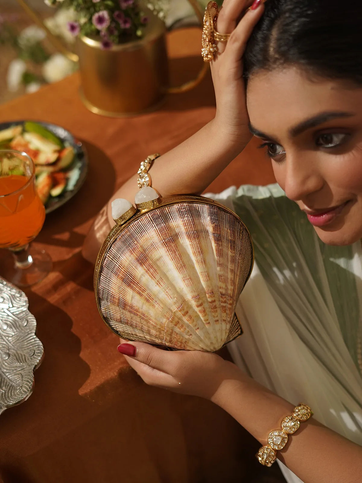Shankhini Mother of Pearl Brass Clutch